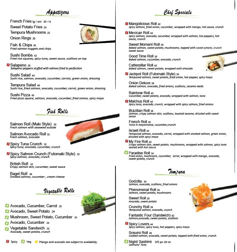 Main sushi menu